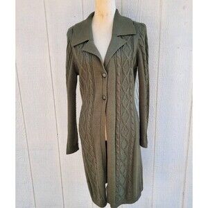 JMK Green Acrylic Wool Blend Long Collared Duster Cardigan Sweater Womens S Cozy